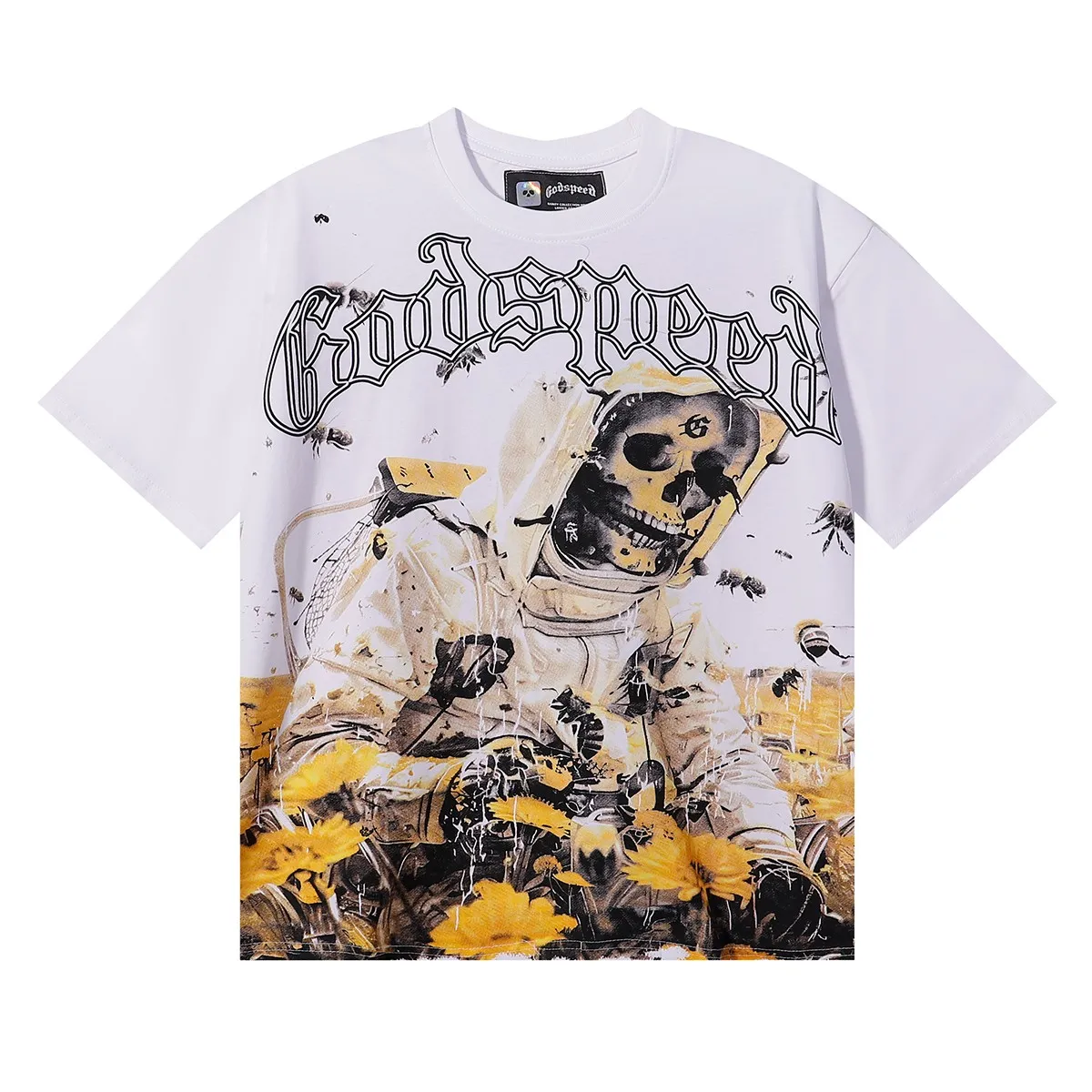 No. 7057, American fashion Godspeed skull bee sunflower print high quality double yarn pure cotton short-sleeved T-shirt batch 110 Color: black, white; Size: S M L XL