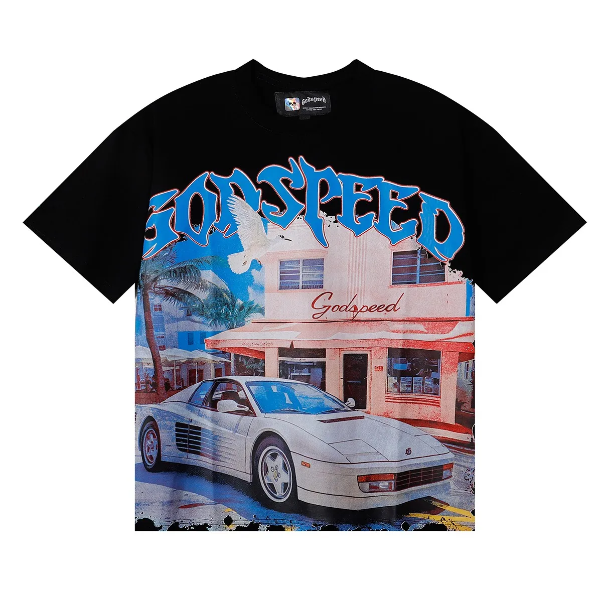 No. 7059, Meichao Godspeed convenience store white car printed high weight double yarn pure cotton casual short-sleeved T-shirt batch 110 Color: black, apricot; Size: S M L XL
