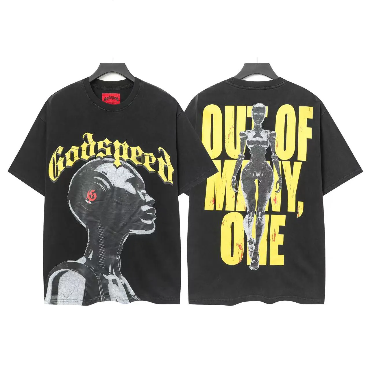 6007#washed black｜P116 Godspeed cross-border American rock and roll street washed retro style short-sleeved T (craft printing) fabric (fabric): 32 count combed double yarn 250g weight size (size): S-M-L-XL color (colour): washed black 👉 👉