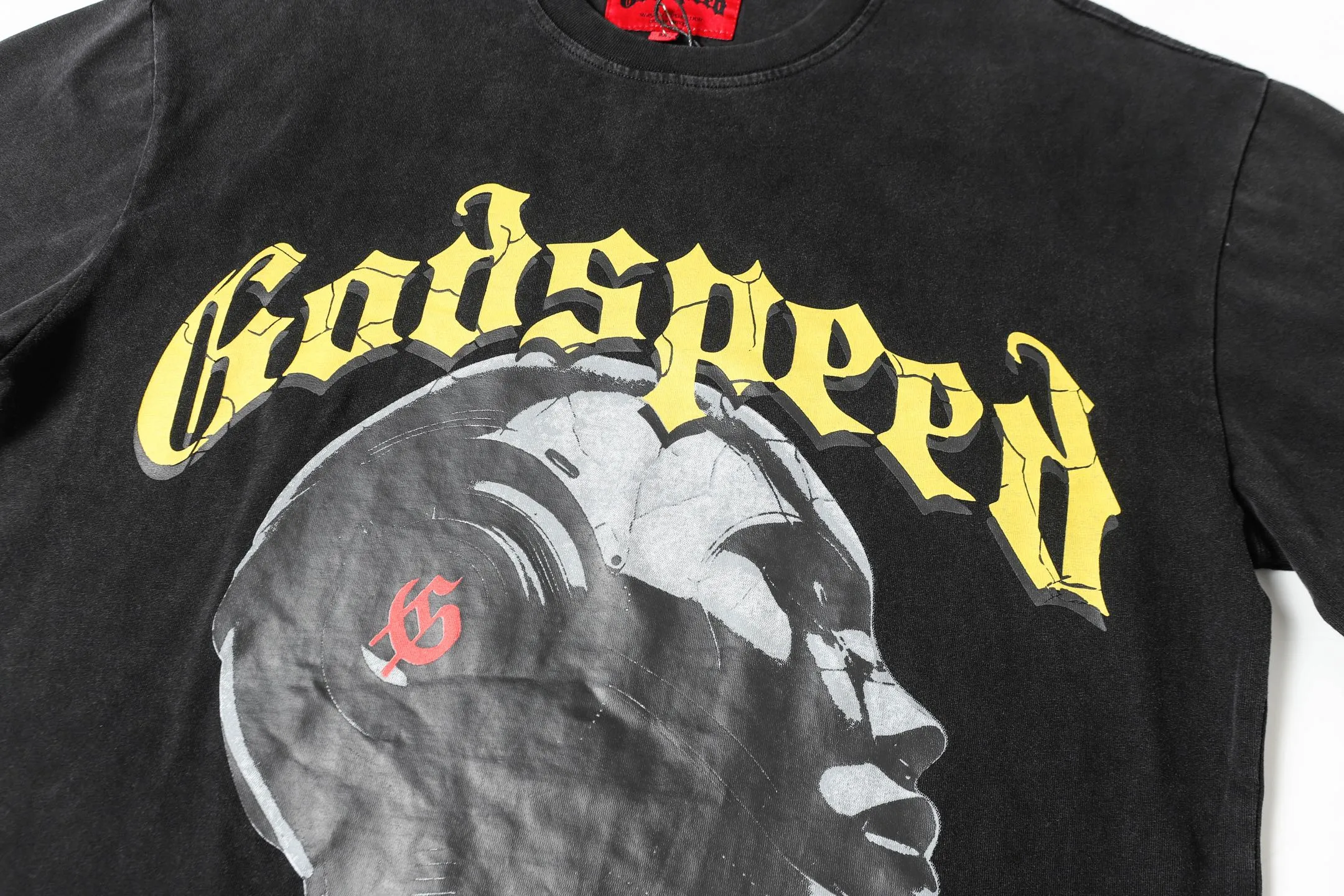 6007#washed black｜P116 Godspeed cross-border American rock and roll street washed retro style short-sleeved T (craft printing) fabric (fabric): 32 count combed double yarn 250g weight size (size): S-M-L-XL color (colour): washed black 👉 👉