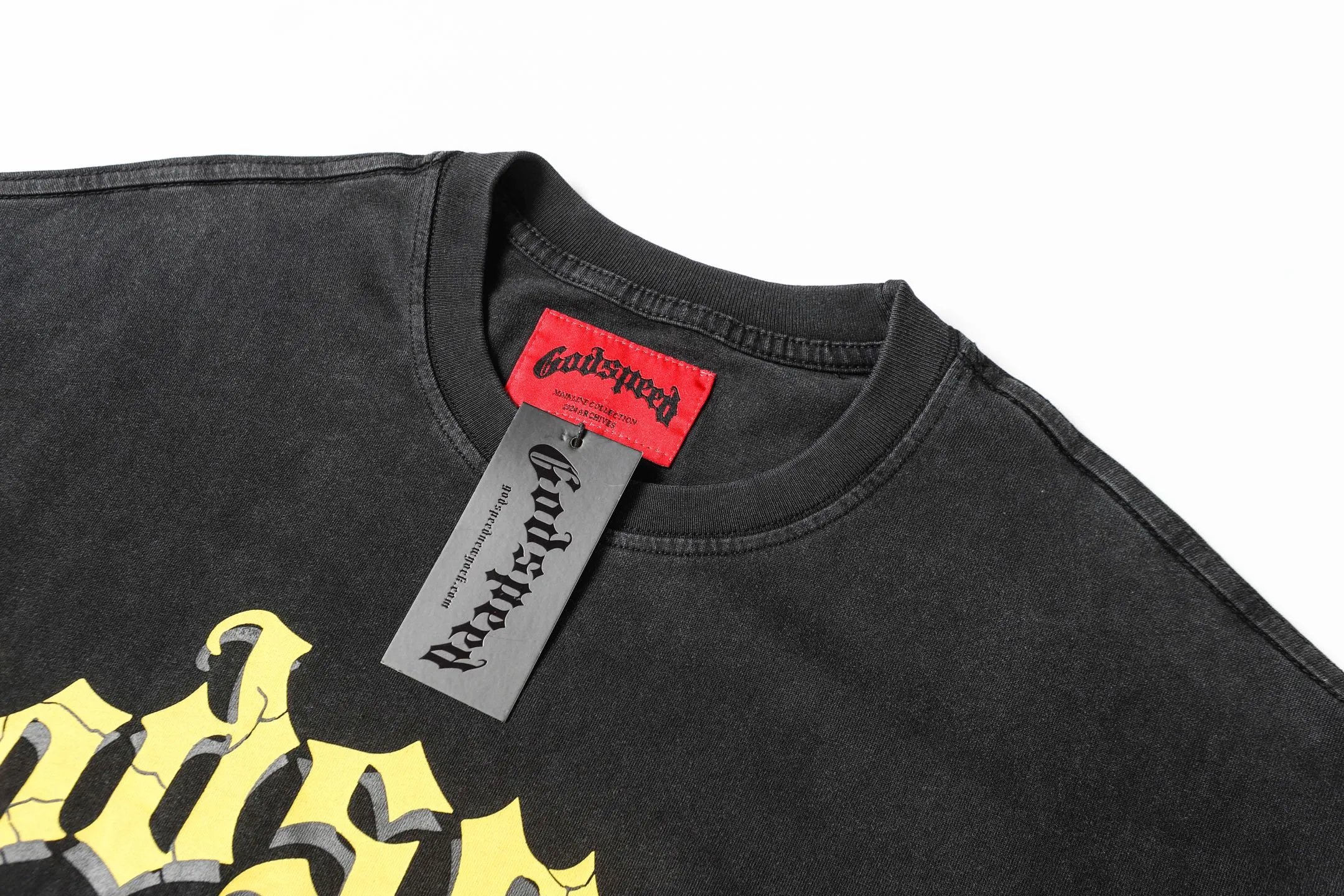 6007#washed black｜P116 Godspeed cross-border American rock and roll street washed retro style short-sleeved T (craft printing) fabric (fabric): 32 count combed double yarn 250g weight size (size): S-M-L-XL color (colour): washed black 👉 👉