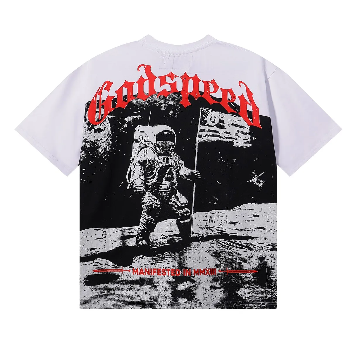 No. 7068, Mechao Godspeed astronaut moon landing print high weight double yarn pure cotton casual short-sleeved T-shirt batch 110 Color: black, white; Size: S M L XL