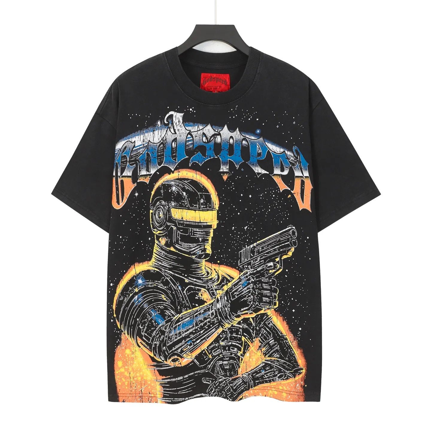 6106#washed black | P116 Godspeed cross-border American rock and roll street washed retro style short-sleeved T (craft printing) fabric (fabric): 32 count combed double yarn 250g weight code number (size): S-M-L-XL color (colour): washed black