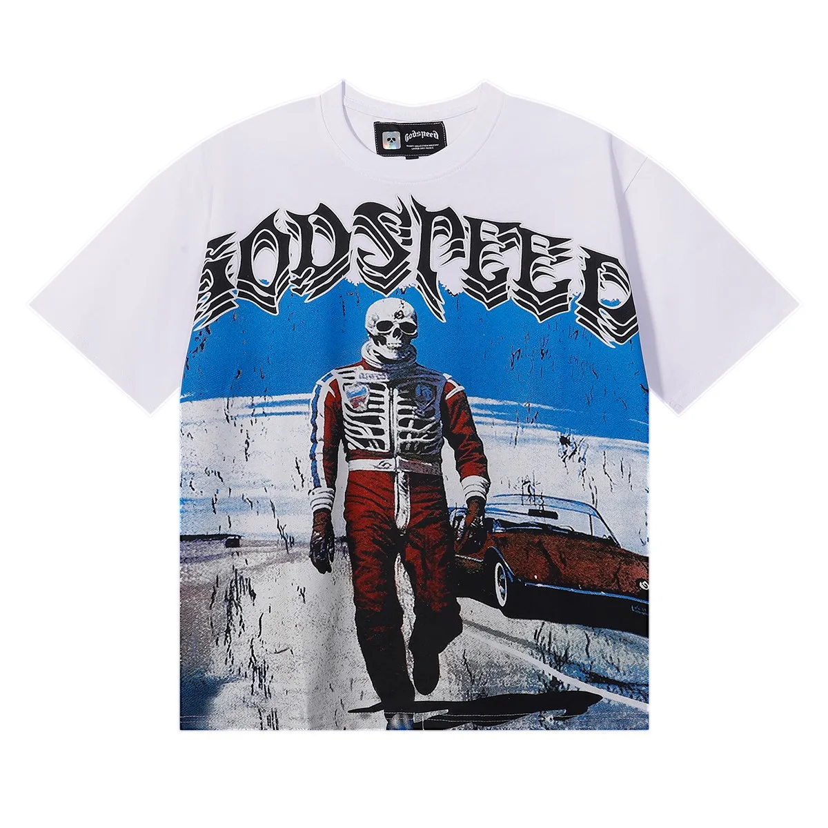 No. 7069, American fashion Godspeed sports car skull racer print high quality double yarn pure cotton casual short-sleeved T-shirt batch 110 Color: black, white, red; Size: S M L XL