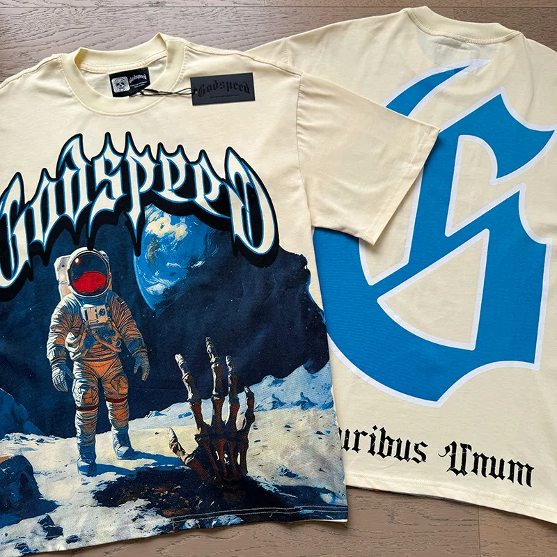 3123# P106 Real shot Godspeed American fashion rock street retro loose printed cotton short sleeves Fabric: 240g 32 count fine cotton double yarn pure cotton Color: apricot Size: S M L XL