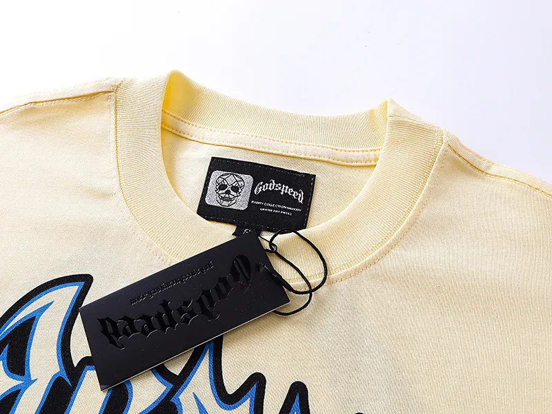 3123# P106 Real shot Godspeed American fashion rock street retro loose printed cotton short sleeves Fabric: 240g 32 count fine cotton double yarn pure cotton Color: apricot Size: S M L XL
