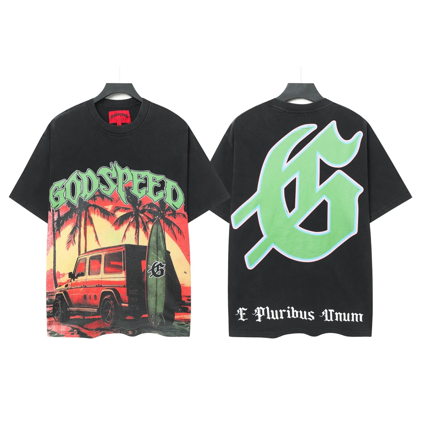 6072#washed black｜P116 Godspeed cross-border American rock and roll street washed retro style short-sleeved T (craft printing) fabric (fabric): 32 count combed double yarn 250g weight size (size): S-M-L-XL color (colour): washed black
