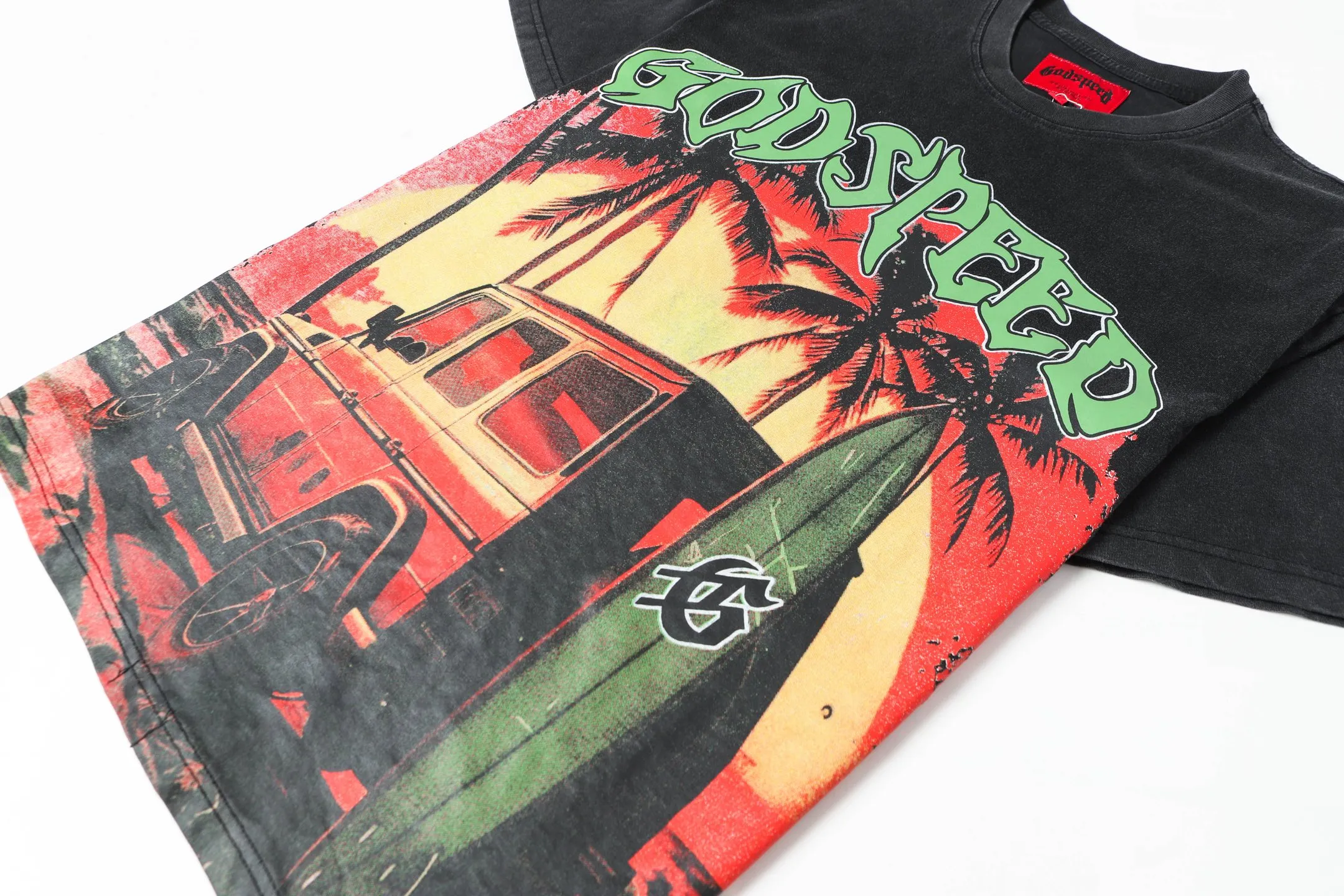 6072#washed black｜P116 Godspeed cross-border American rock and roll street washed retro style short-sleeved T (craft printing) fabric (fabric): 32 count combed double yarn 250g weight size (size): S-M-L-XL color (colour): washed black