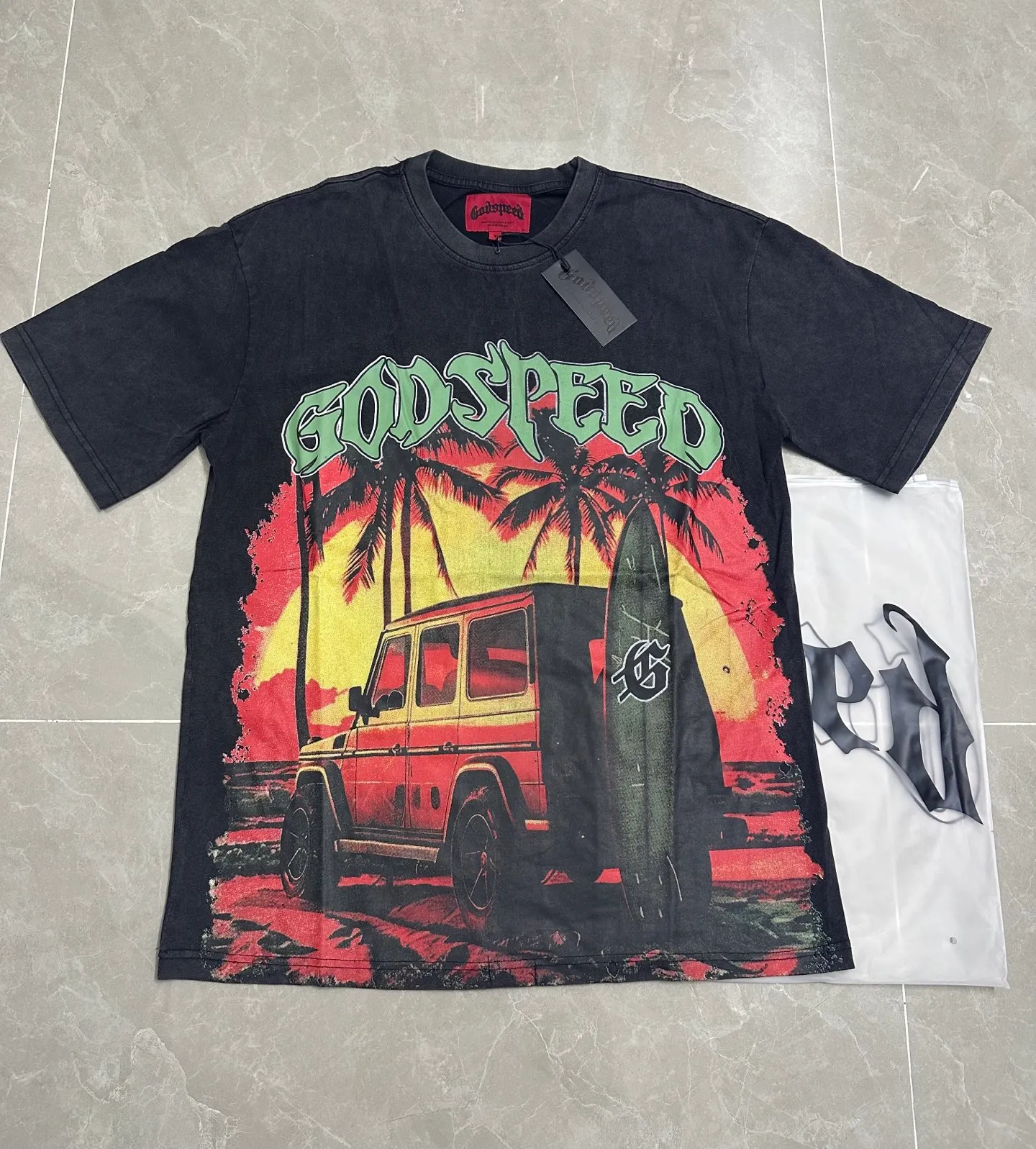 6072#washed black｜P116 Godspeed cross-border American rock and roll street washed retro style short-sleeved T (craft printing) fabric (fabric): 32 count combed double yarn 250g weight size (size): S-M-L-XL color (colour): washed black