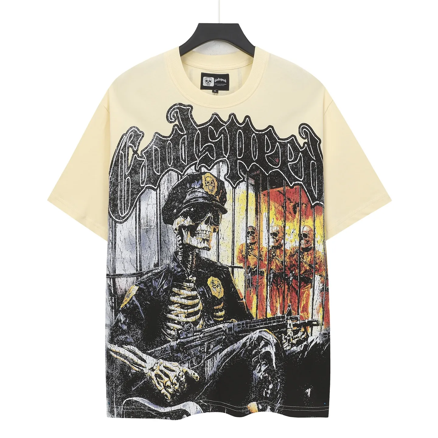 5125#apricot P106 Godspeed cross-border American rock and roll street washed retro style short-sleeved T (craft printing) fabric (fabric) 32 counts combed double yarn 240 grams weight code number (size): S-M-L-XL color (colour): apricot
