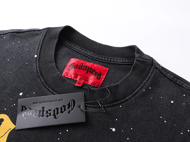 1090# P126 Washed Black Real Shot Godspeed American Fashion Rock Street Retro Washed Distressed Printed Pure Cotton Short Sleeves Fabric: 250g 32 Count Fine Cotton Double Yarn Pure Cotton Color: Washed Black Size: S M L XL