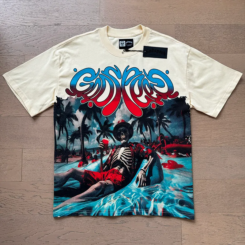 3166# P106 Real shot Godspeed American fashion rock street retro loose printed cotton short sleeves Fabric: 240g 32 count fine cotton double yarn pure cotton Color: apricot Size: S M L XL