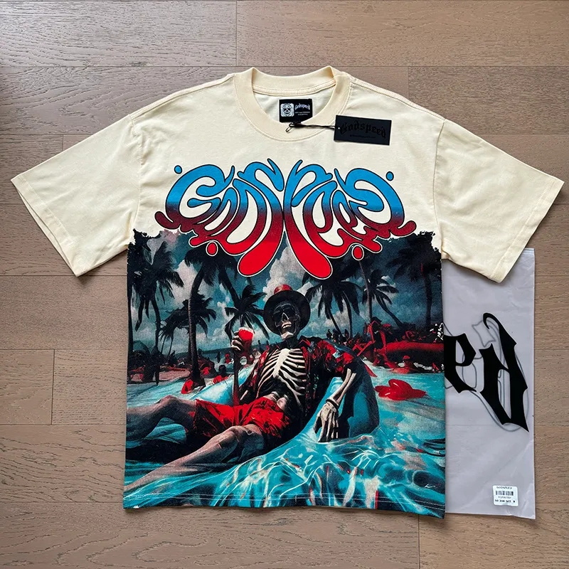 3166# P106 Real shot Godspeed American fashion rock street retro loose printed cotton short sleeves Fabric: 240g 32 count fine cotton double yarn pure cotton Color: apricot Size: S M L XL
