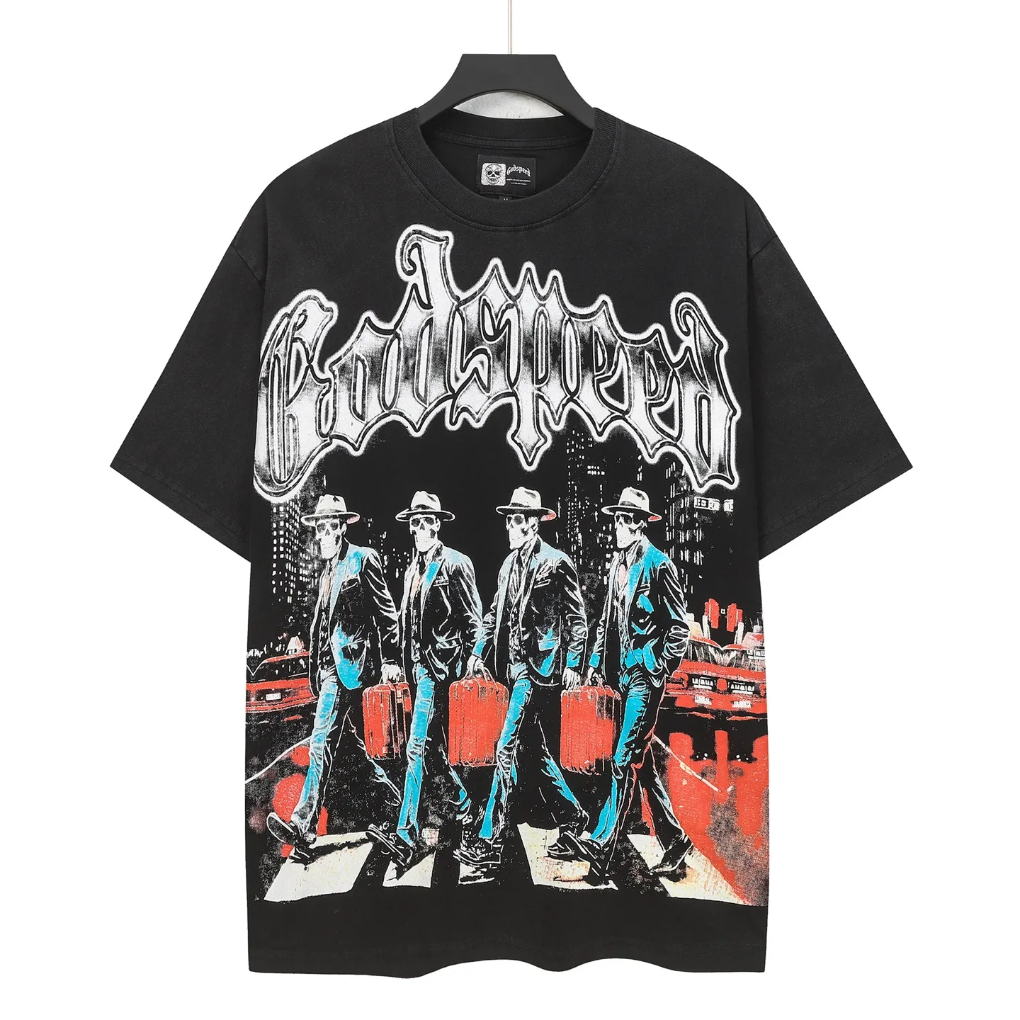 6116#washed black｜P116 Godspeed cross-border American rock and roll street washed retro style short-sleeved T (craft printing) fabric (fabric): 32 count combed double yarn 250g weight code number (size): S-M-L-XL color (colour): washed black