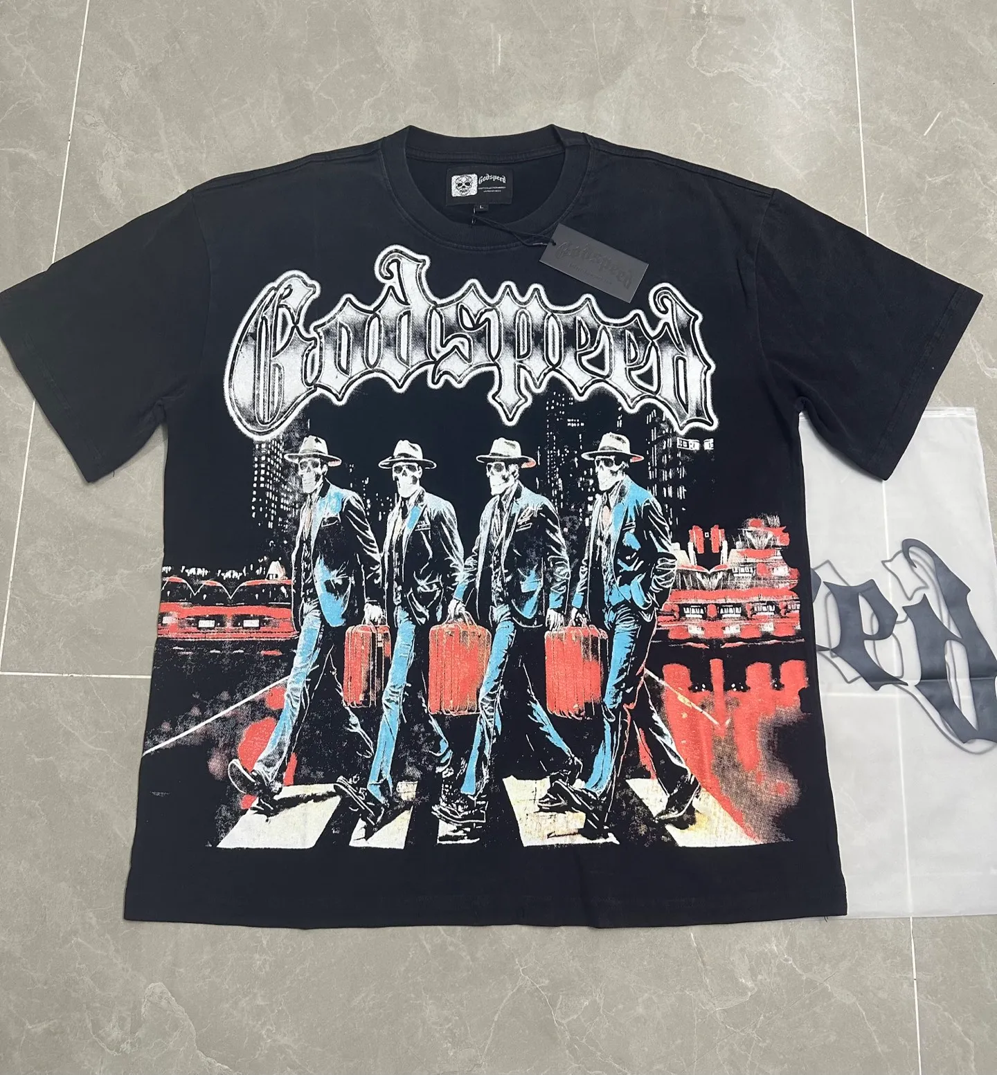 6116#washed black｜P116 Godspeed cross-border American rock and roll street washed retro style short-sleeved T (craft printing) fabric (fabric): 32 count combed double yarn 250g weight code number (size): S-M-L-XL color (colour): washed black