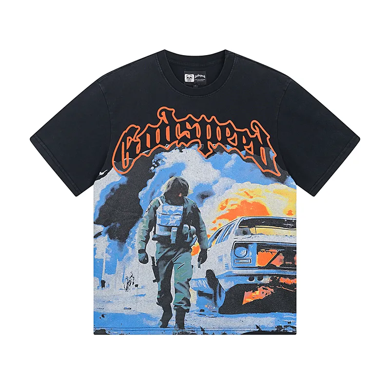 1006# P126 Washed Black Real Shot Godspeed American Fashion Rock Street Retro Washed Distressed Printed Pure Cotton Short Sleeves Fabric: 250g 32 Count Fine Cotton Double Yarn Pure Cotton Color: Washed Black Size: S M L XL