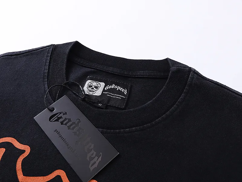 1006# P126 Washed Black Real Shot Godspeed American Fashion Rock Street Retro Washed Distressed Printed Pure Cotton Short Sleeves Fabric: 250g 32 Count Fine Cotton Double Yarn Pure Cotton Color: Washed Black Size: S M L XL