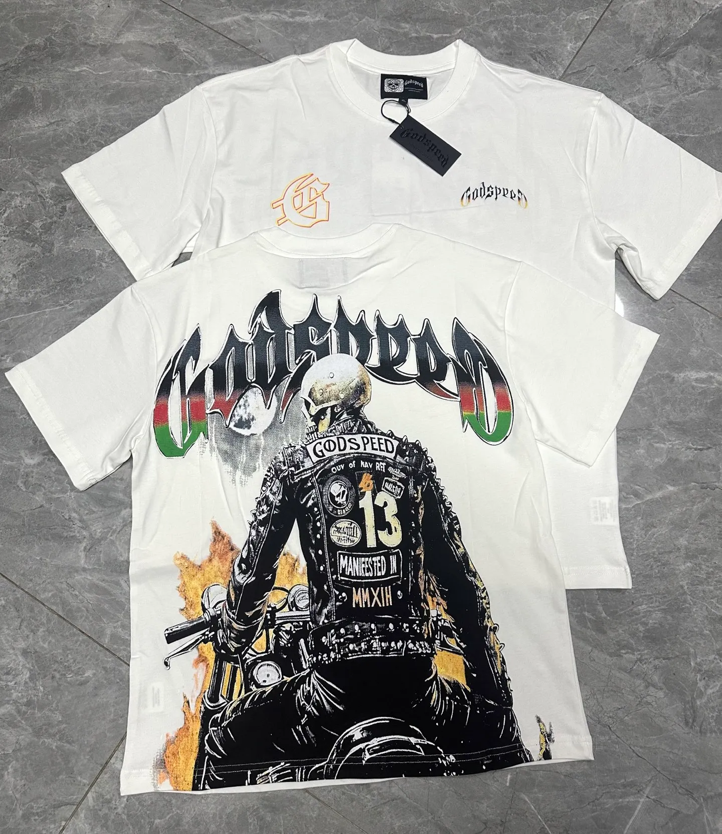 Godspeed cross-border American rock and roll street washed retro style short-sleeved T (craft printing) fabric (fabric) 32-count combed double yarn 240 grams weight code number (size): S-M-L-XL color (colour): white