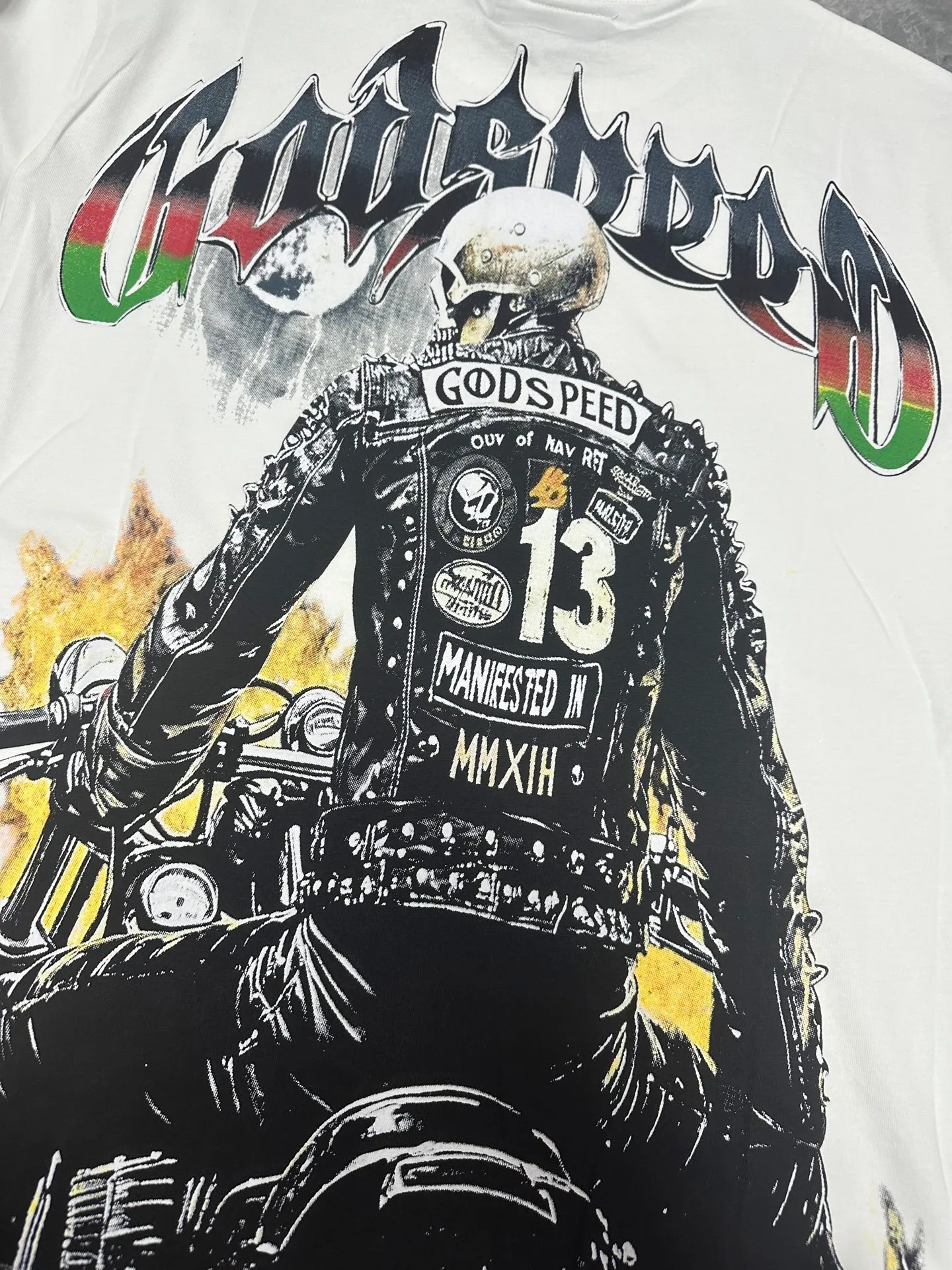 Godspeed cross-border American rock and roll street washed retro style short-sleeved T (craft printing) fabric (fabric) 32-count combed double yarn 240 grams weight code number (size): S-M-L-XL color (colour): white
