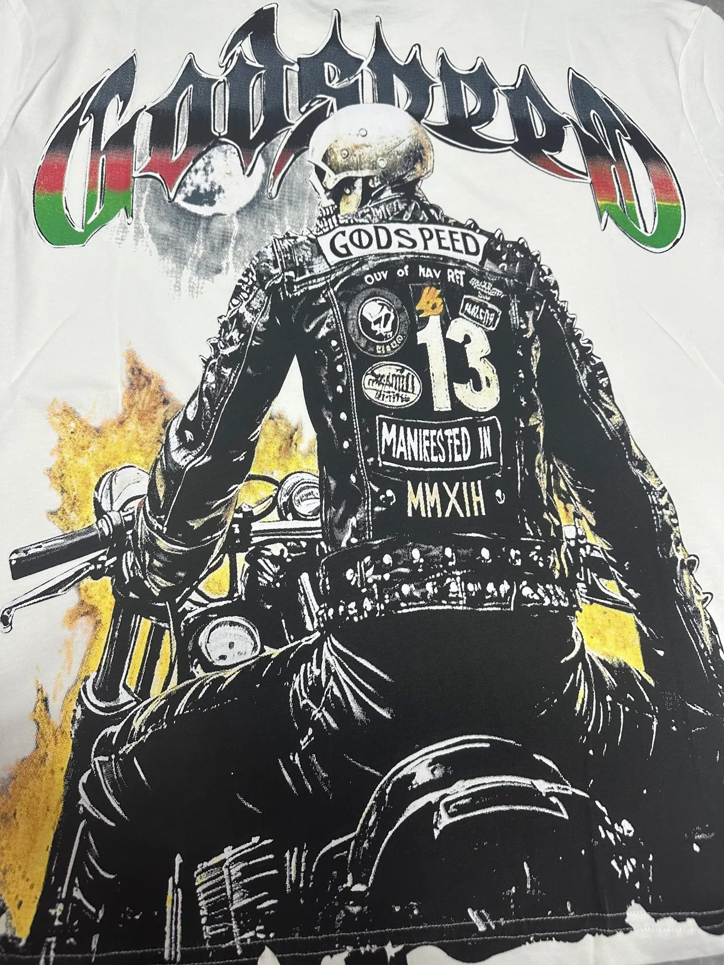 Godspeed cross-border American rock and roll street washed retro style short-sleeved T (craft printing) fabric (fabric) 32-count combed double yarn 240 grams weight code number (size): S-M-L-XL color (colour): white