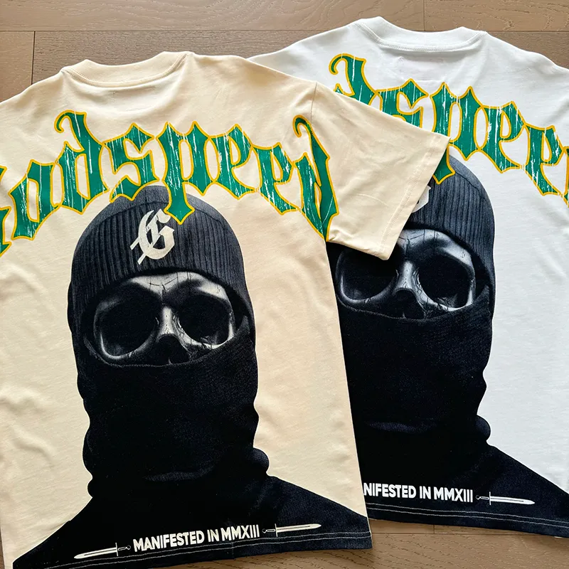 3020# P110 Real shot Godspeed American fashion rock street retro loose printed cotton short sleeves Fabric: 240g 32 count fine cotton double yarn pure cotton Color: off-white apricot Size: S M L XL