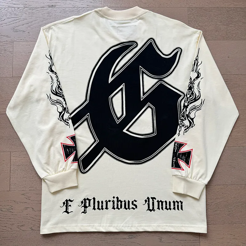3103# P140 Real shot of Godspeed American fashion rock street pure cotton loose bottoming long-sleeved T-shirt long T. Fabric: 270g 32 count fine cotton double yarn pure cotton Color: apricot Size: S M L XL