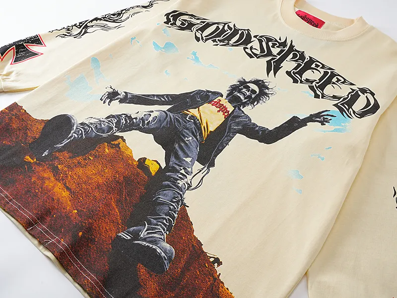 3103# P140 Real shot of Godspeed American fashion rock street pure cotton loose bottoming long-sleeved T-shirt long T. Fabric: 270g 32 count fine cotton double yarn pure cotton Color: apricot Size: S M L XL