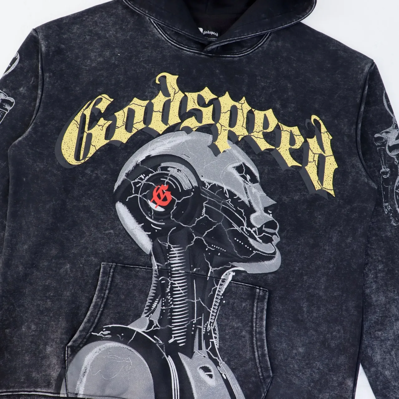 Style number: 5536 Fabric: 420g washed and distressed P196 Real shot Spot Godspeed American fashion rock street retro washed and distressed printed hooded sweatshirt Color: washed black red Size: S M L XL
