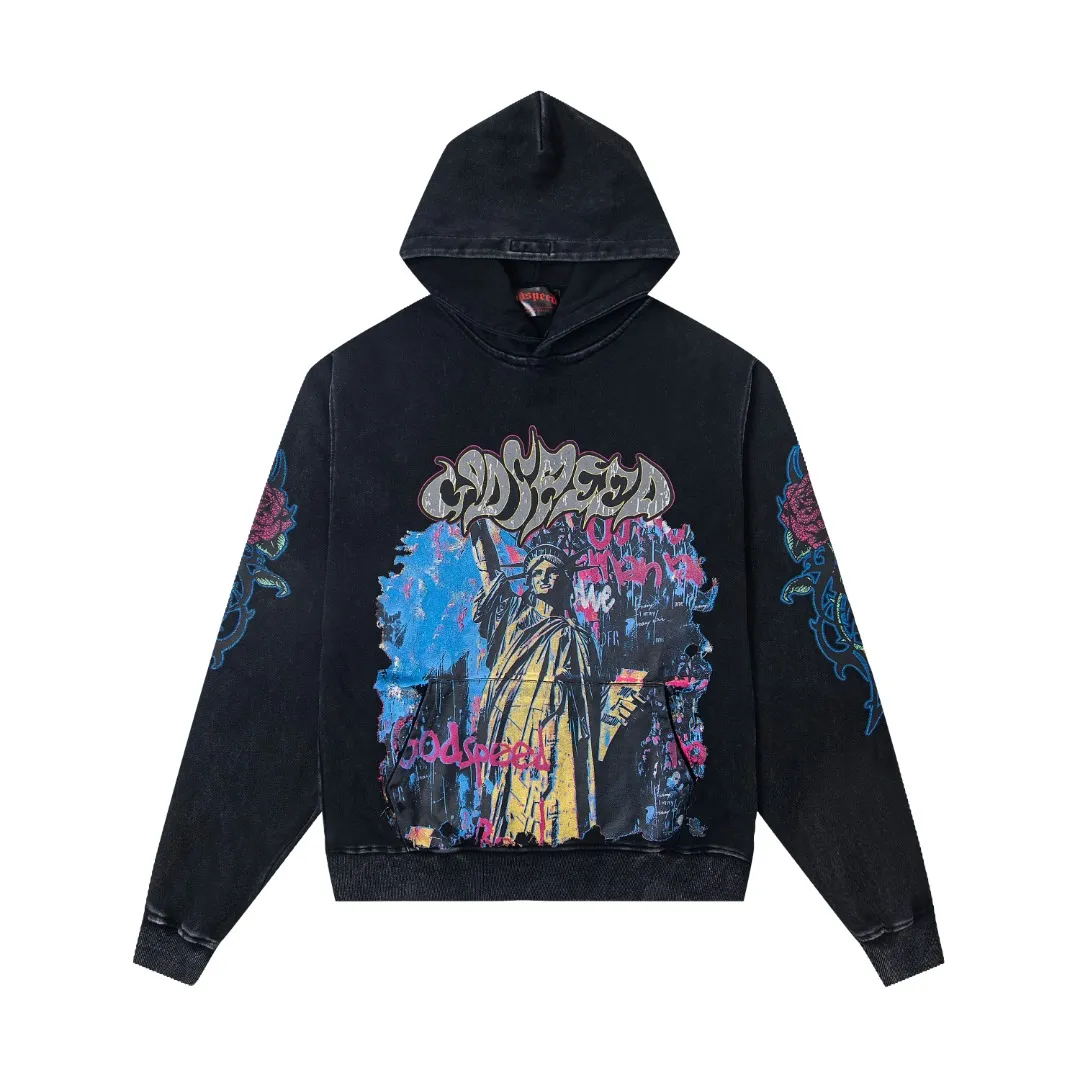 G49# GodSpeed ​​high-definition printed sweatshirt, size S-XL, washed black P216, apricot P206