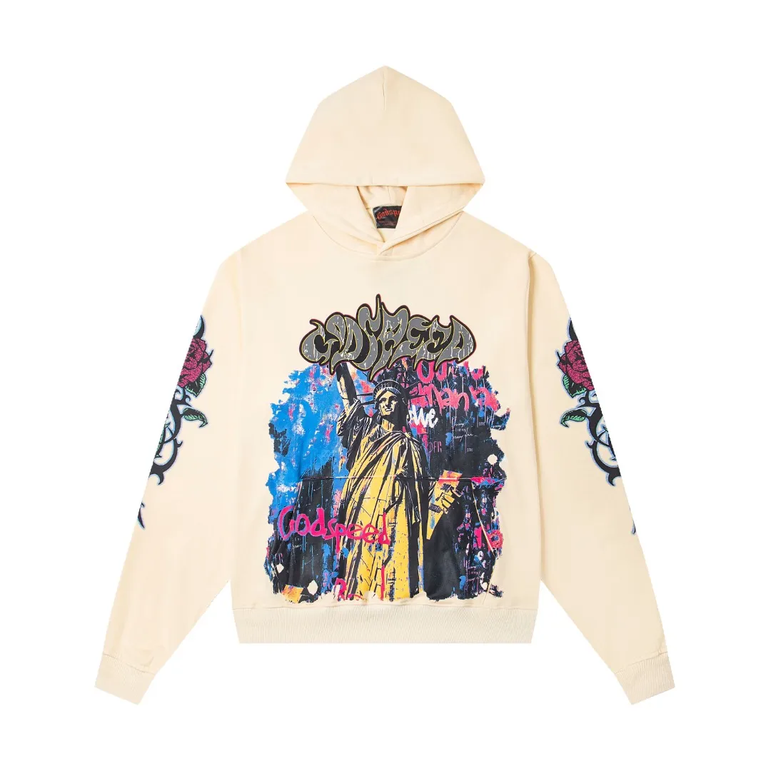 G49# GodSpeed ​​high-definition printed sweatshirt, size S-XL, washed black P216, apricot P206