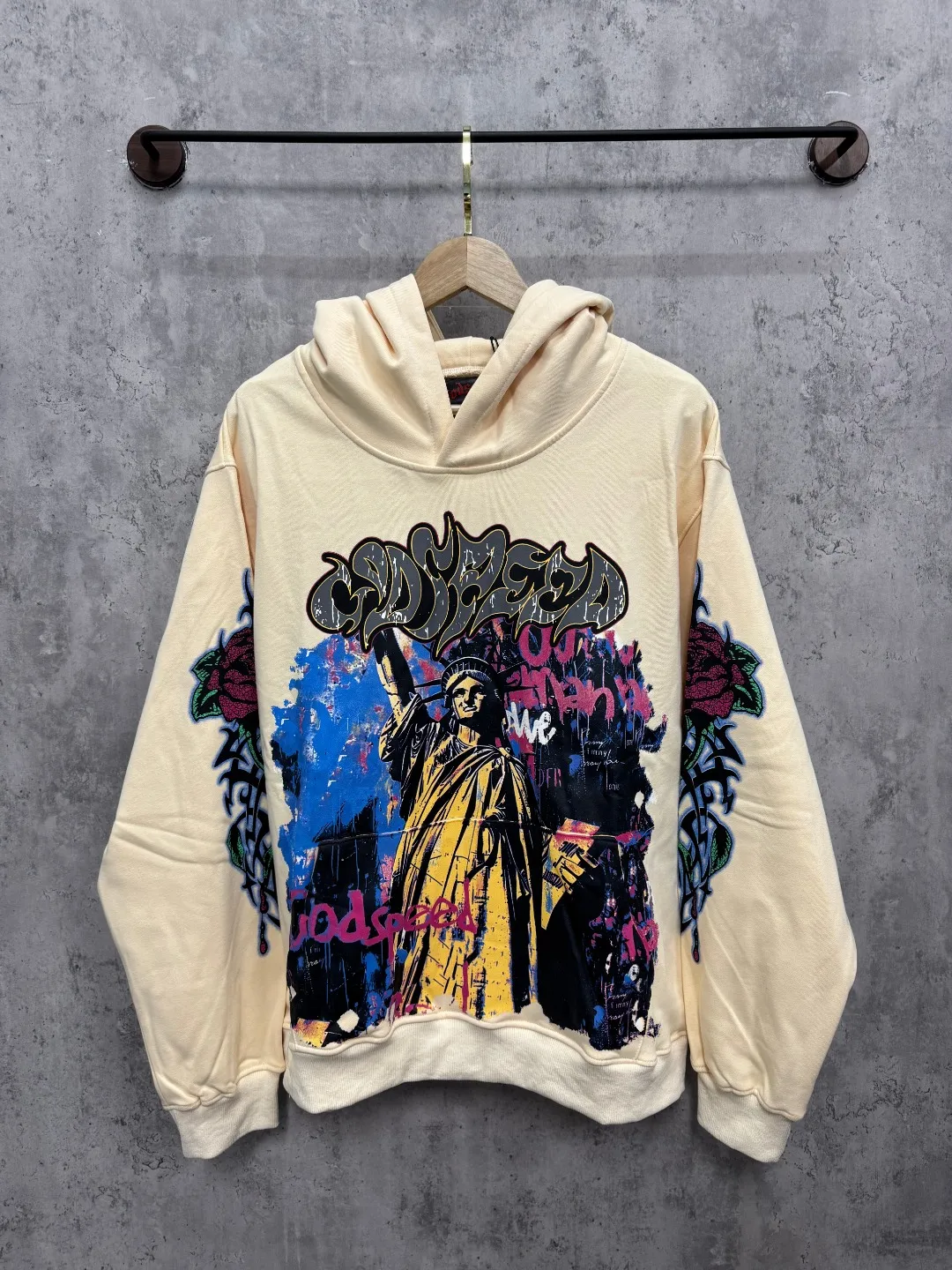 G49# GodSpeed ​​high-definition printed sweatshirt, size S-XL, washed black P216, apricot P206