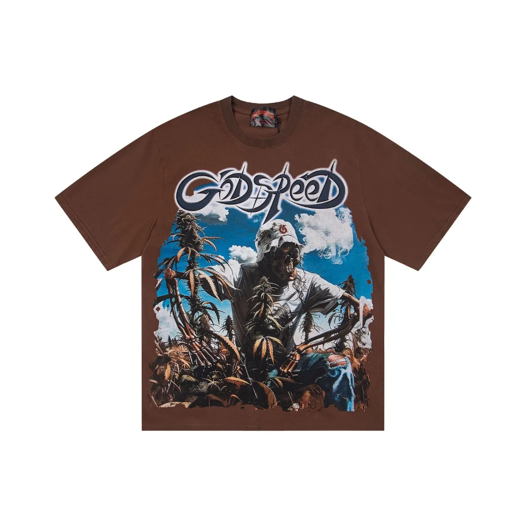 G66# GodSpeed ​​white ink direct spray washed short-sleeved S-XL size brown (washed) P126