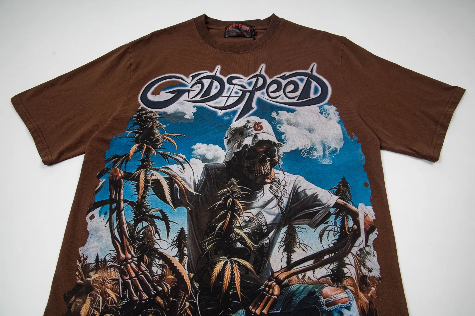 G66# GodSpeed ​​white ink direct spray washed short-sleeved S-XL size brown (washed) P126
