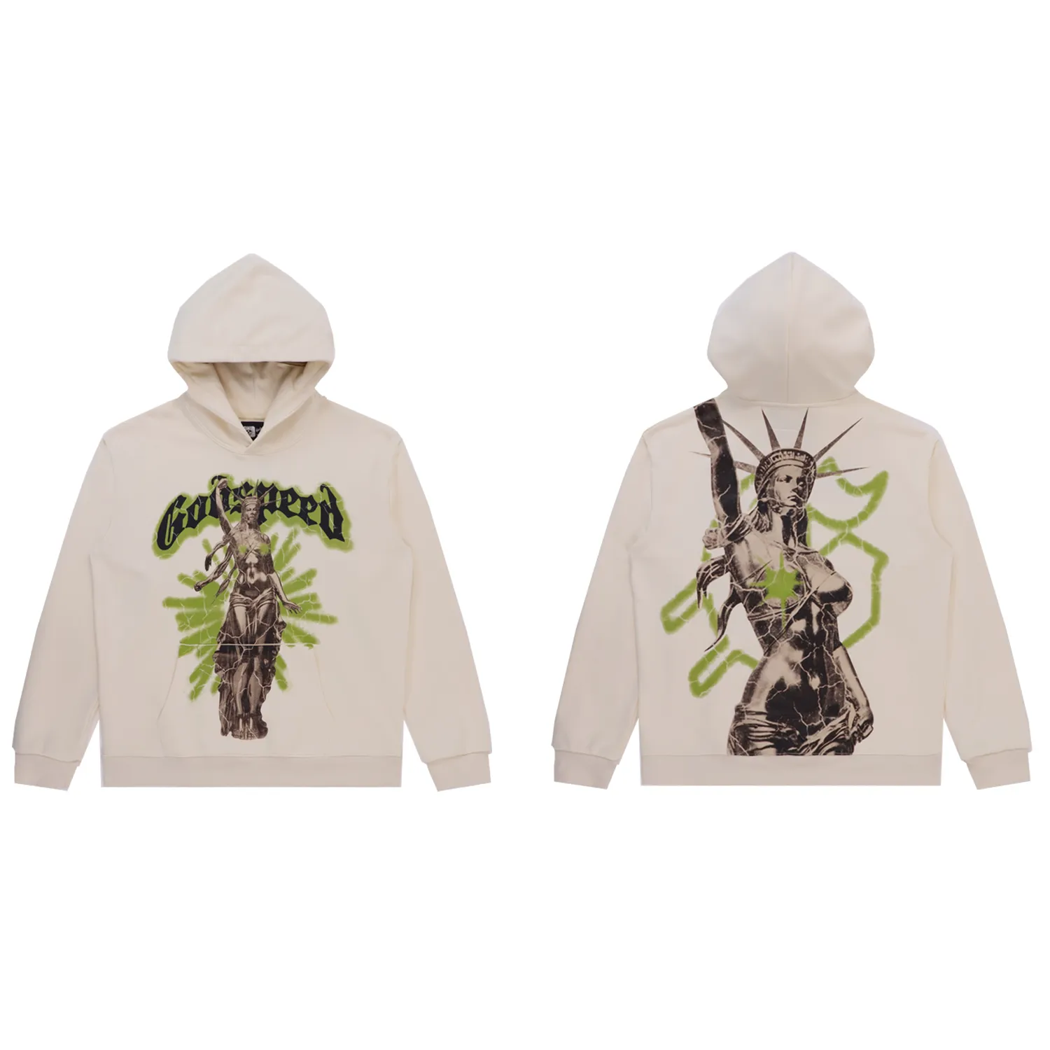 Black P196 Real Shot Spot Godspeed American Fashion Rock Street Retro Washed Distressed Printed Terry Hooded Sweatshirt Color: Washed Black Washed Apricot Size: S M L XL