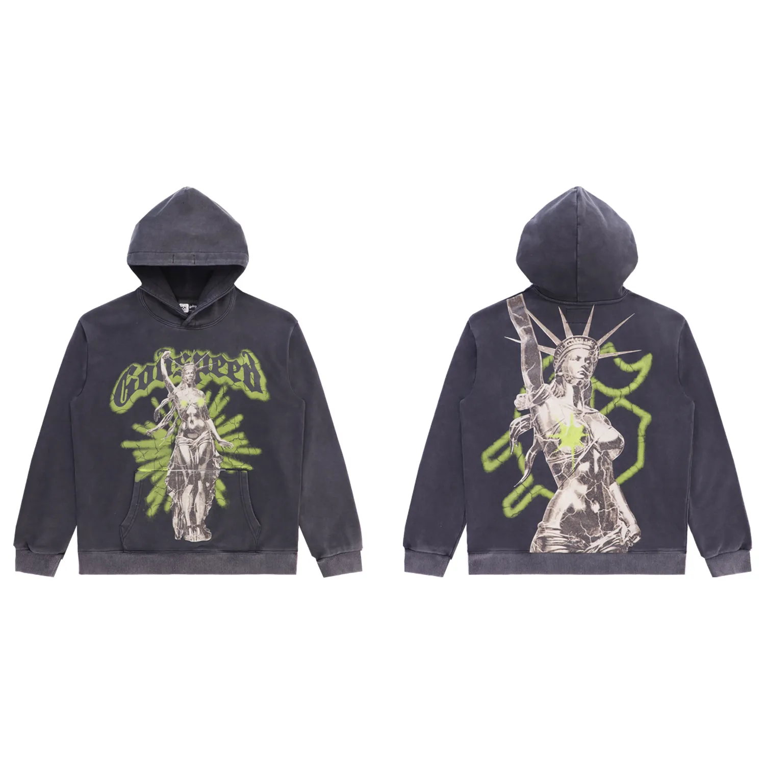 Black P196 Real Shot Spot Godspeed American Fashion Rock Street Retro Washed Distressed Printed Terry Hooded Sweatshirt Color: Washed Black Washed Apricot Size: S M L XL