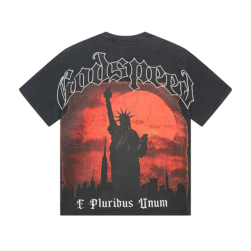1072# P126 Washed Black Real Shot Godspeed American Fashion Rock Street Retro Washed Distressed Printed Cotton Short Sleeves Fabric: 250g 32 Count Fine Cotton Double Yarn Pure Cotton Color: Washed Black Size: S M L XL