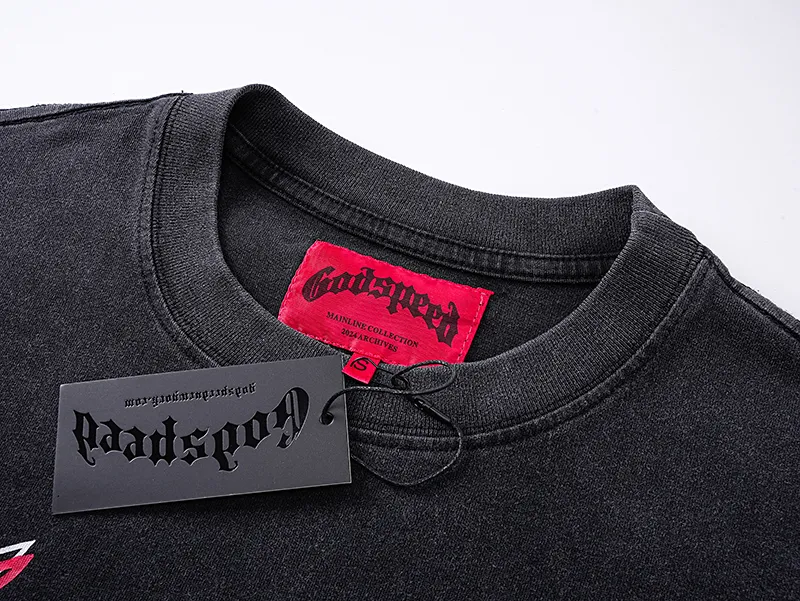 1072# P126 Washed Black Real Shot Godspeed American Fashion Rock Street Retro Washed Distressed Printed Cotton Short Sleeves Fabric: 250g 32 Count Fine Cotton Double Yarn Pure Cotton Color: Washed Black Size: S M L XL