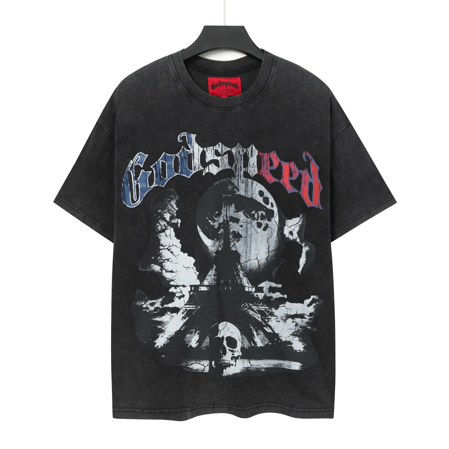 6048#washed black｜P116 Godspeed cross-border American rock and roll street washed retro style short-sleeved T (craft printing) fabric (fabric): 32 count combed double yarn 250g weight code number (size): S-M-L-XL color (colour): washed black
