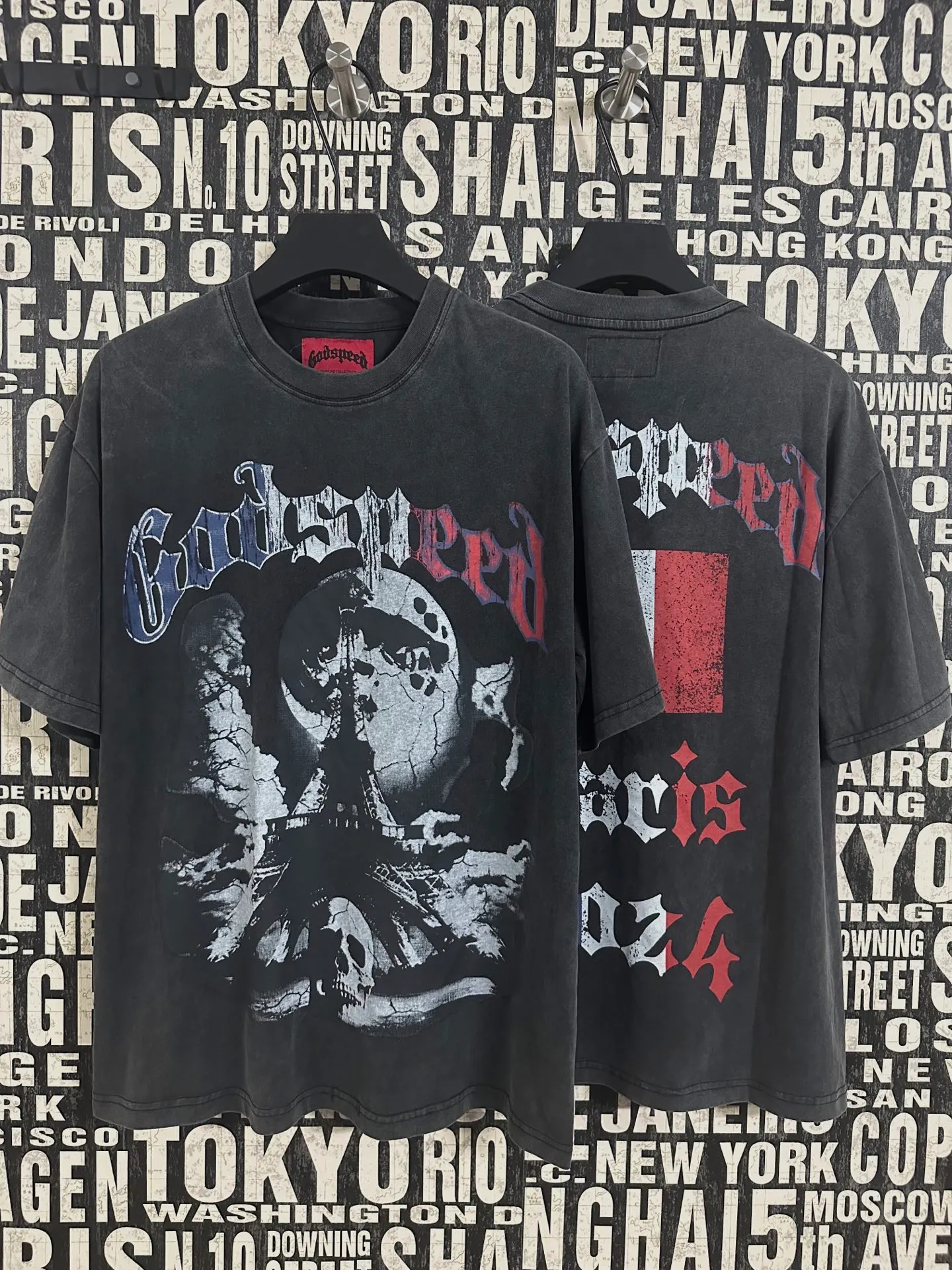 6048#washed black｜P116 Godspeed cross-border American rock and roll street washed retro style short-sleeved T (craft printing) fabric (fabric): 32 count combed double yarn 250g weight code number (size): S-M-L-XL color (colour): washed black