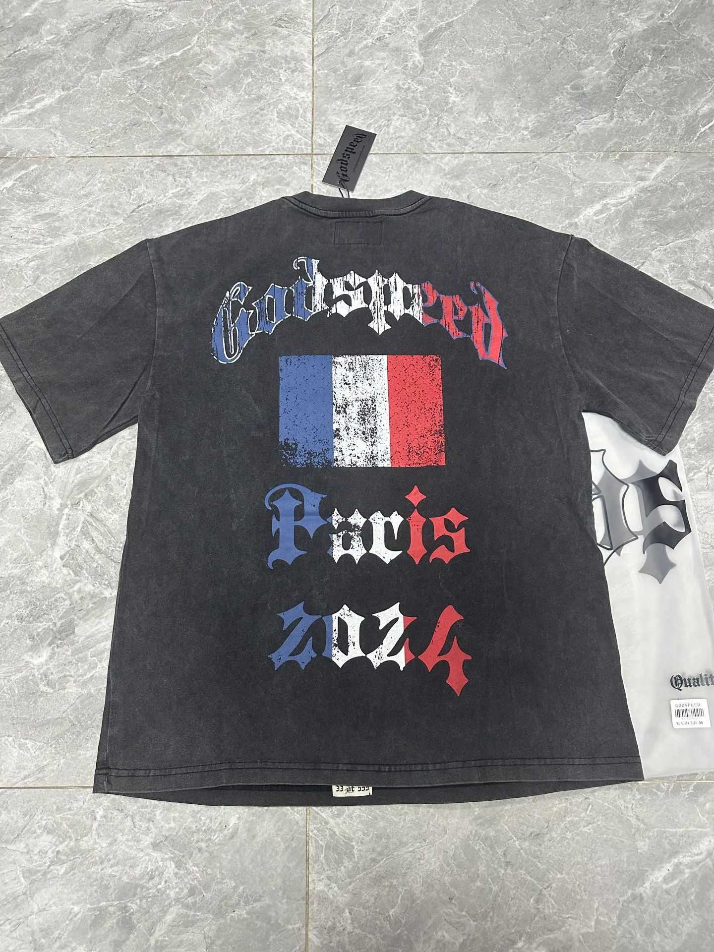 6048#washed black｜P116 Godspeed cross-border American rock and roll street washed retro style short-sleeved T (craft printing) fabric (fabric): 32 count combed double yarn 250g weight code number (size): S-M-L-XL color (colour): washed black