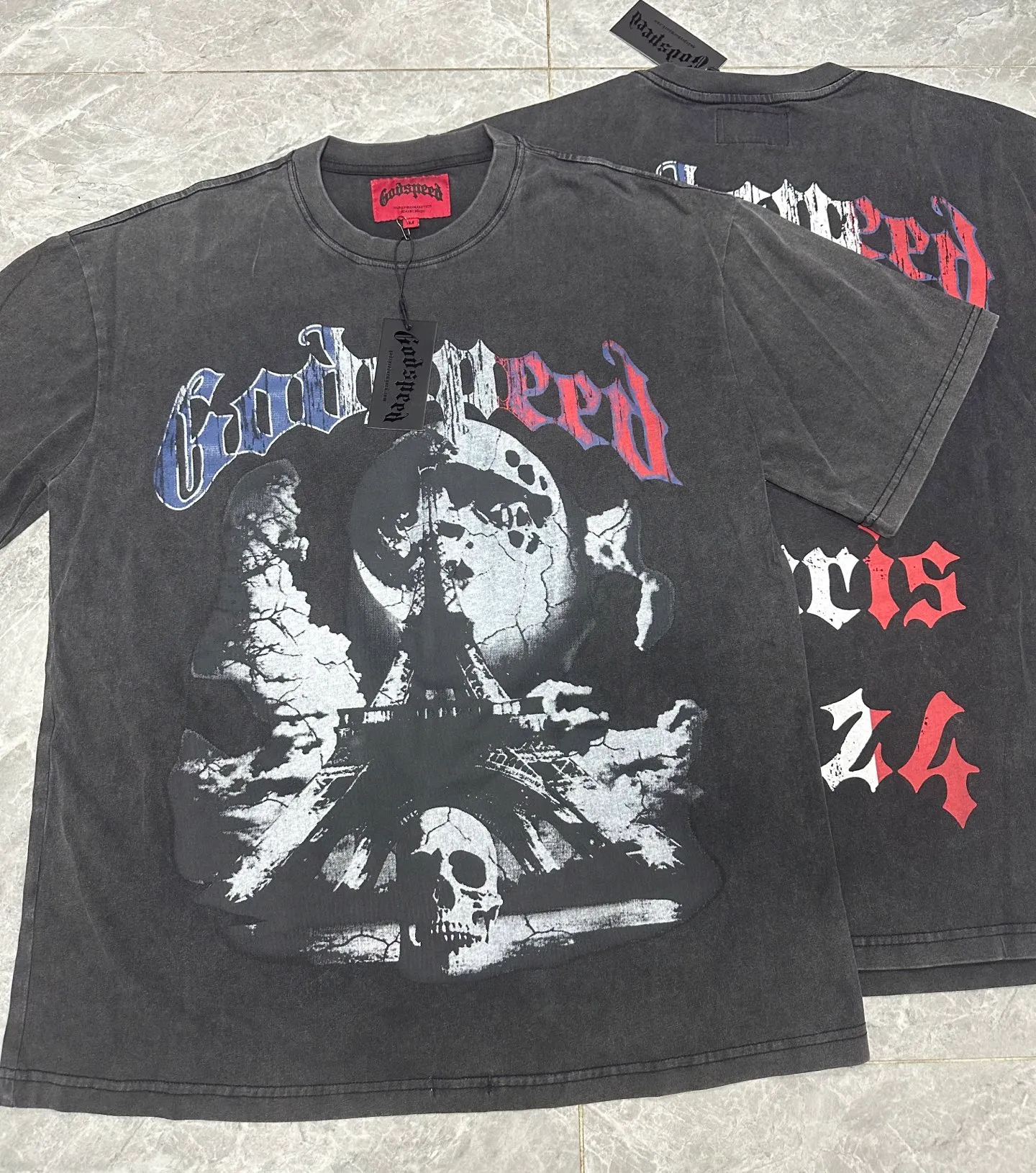6048#washed black｜P116 Godspeed cross-border American rock and roll street washed retro style short-sleeved T (craft printing) fabric (fabric): 32 count combed double yarn 250g weight code number (size): S-M-L-XL color (colour): washed black
