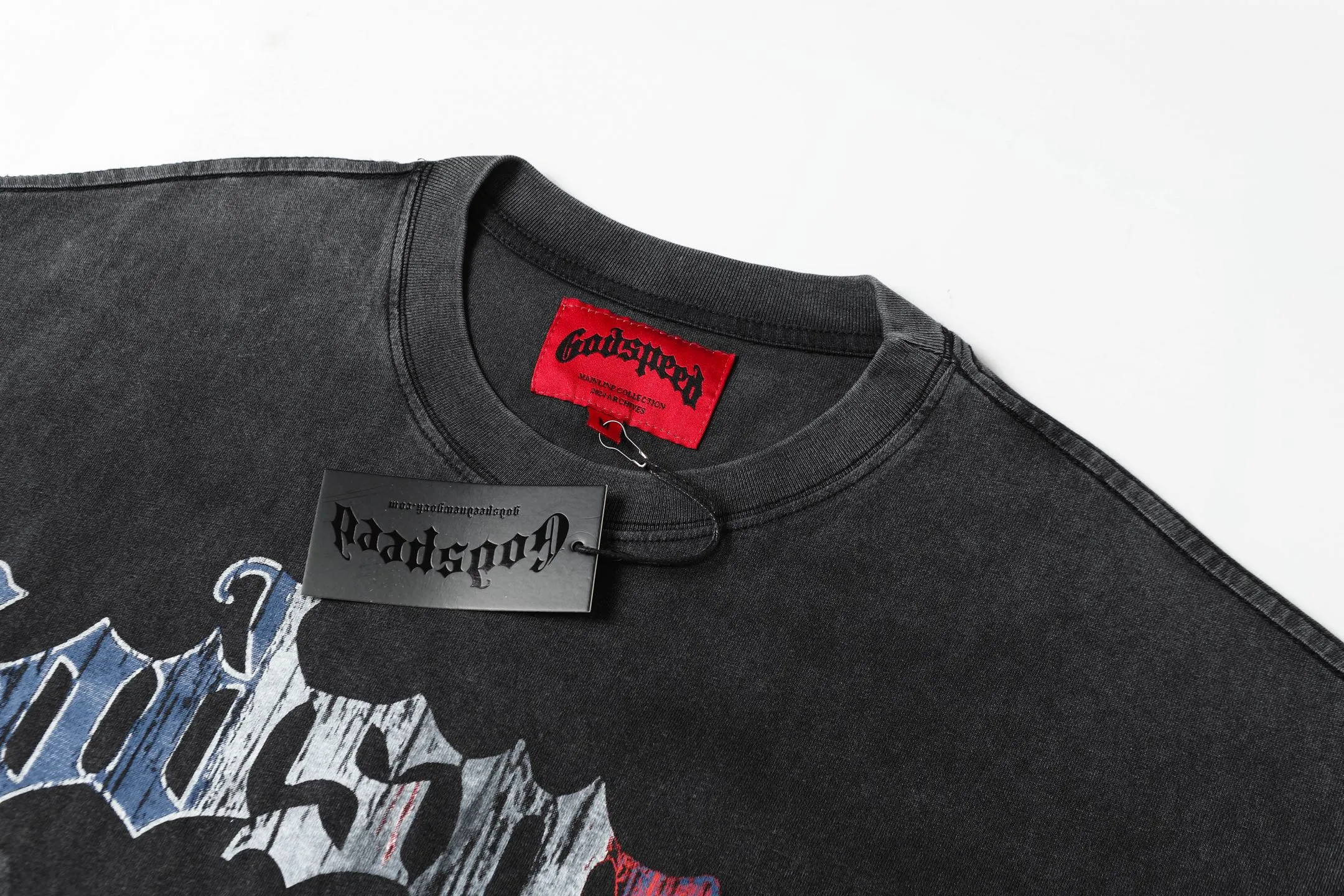 6048#washed black｜P116 Godspeed cross-border American rock and roll street washed retro style short-sleeved T (craft printing) fabric (fabric): 32 count combed double yarn 250g weight code number (size): S-M-L-XL color (colour): washed black