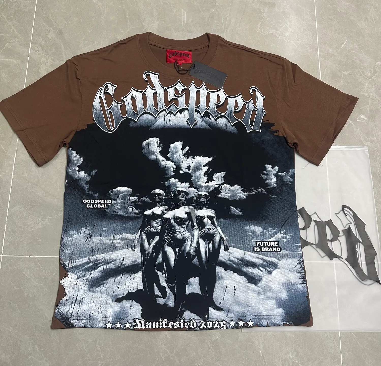 5302#Brown I P106 Godspeed cross-border American rock and roll street washed retro style short-sleeved T (craft printing) fabric (fabric): 32-count combed double yarn 240 grams weight code number (size): S-M-L-XL color (colour): brown
