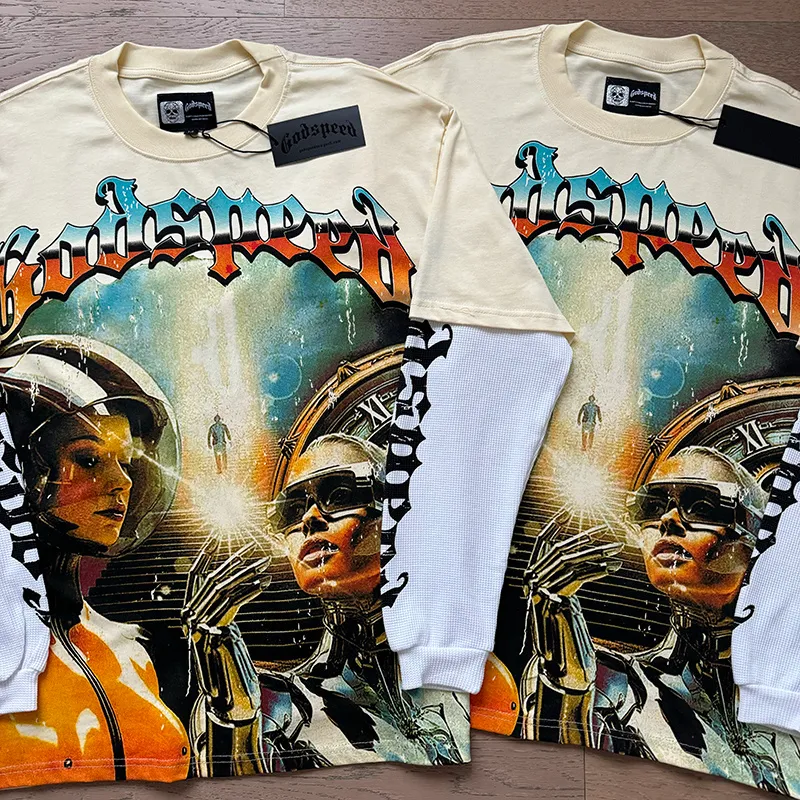 3153# P150 Real shot Godspeed American fashion rock street pure cotton loose fake two-piece long-sleeved T-shirt long T Fabric: 270g 32-count fine cotton double yarn pure cotton Color: Apricot Code number: S M L XL