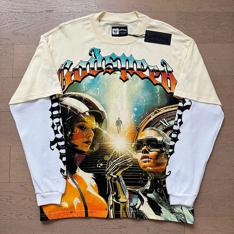 3153# P150 Real shot Godspeed American fashion rock street pure cotton loose fake two-piece long-sleeved T-shirt long T Fabric: 270g 32-count fine cotton double yarn pure cotton Color: Apricot Code number: S M L XL