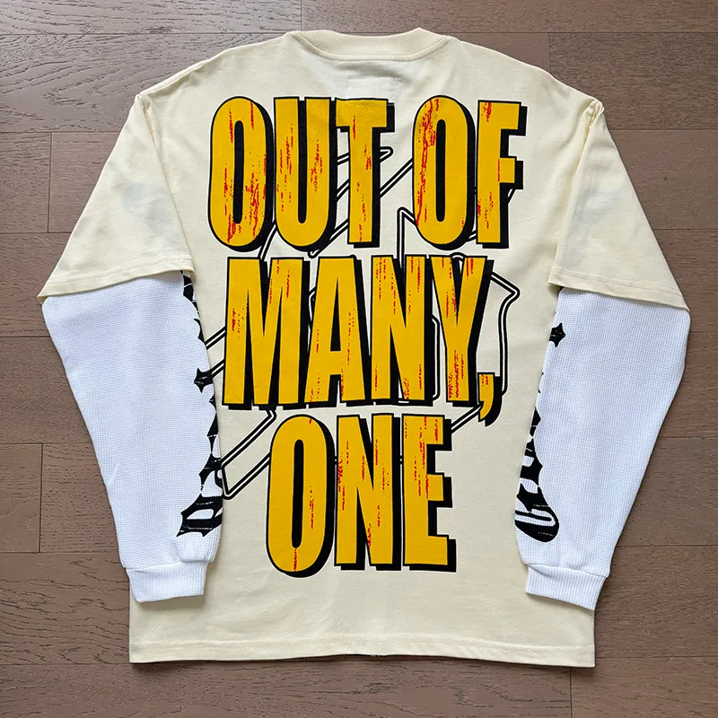 3153# P150 Real shot Godspeed American fashion rock street pure cotton loose fake two-piece long-sleeved T-shirt long T Fabric: 270g 32-count fine cotton double yarn pure cotton Color: Apricot Code number: S M L XL