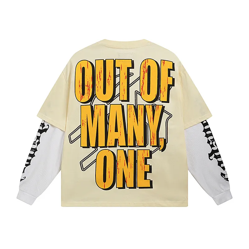 3153# P150 Real shot Godspeed American fashion rock street pure cotton loose fake two-piece long-sleeved T-shirt long T Fabric: 270g 32-count fine cotton double yarn pure cotton Color: Apricot Code number: S M L XL