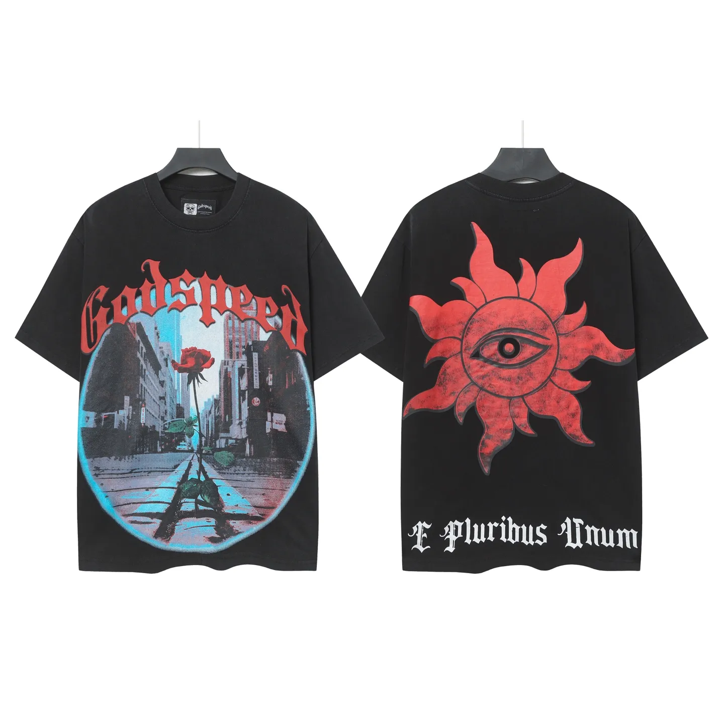 6079#washed black｜P116 Godspeed cross-border American rock and roll street washed retro style short-sleeved T (craft print) fabric (fabric): 32 count combed double yarn 250g weight size (size): S-M-L-XL color (colour): washed black 👉 👉