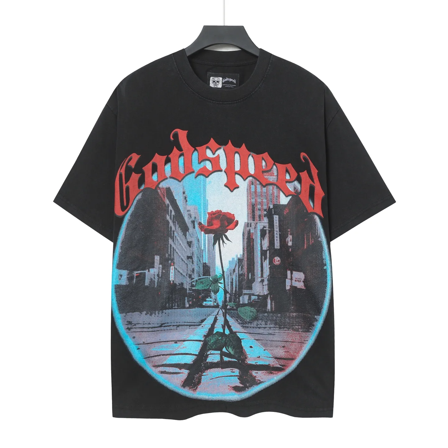 6079#washed black｜P116 Godspeed cross-border American rock and roll street washed retro style short-sleeved T (craft print) fabric (fabric): 32 count combed double yarn 250g weight size (size): S-M-L-XL color (colour): washed black 👉 👉