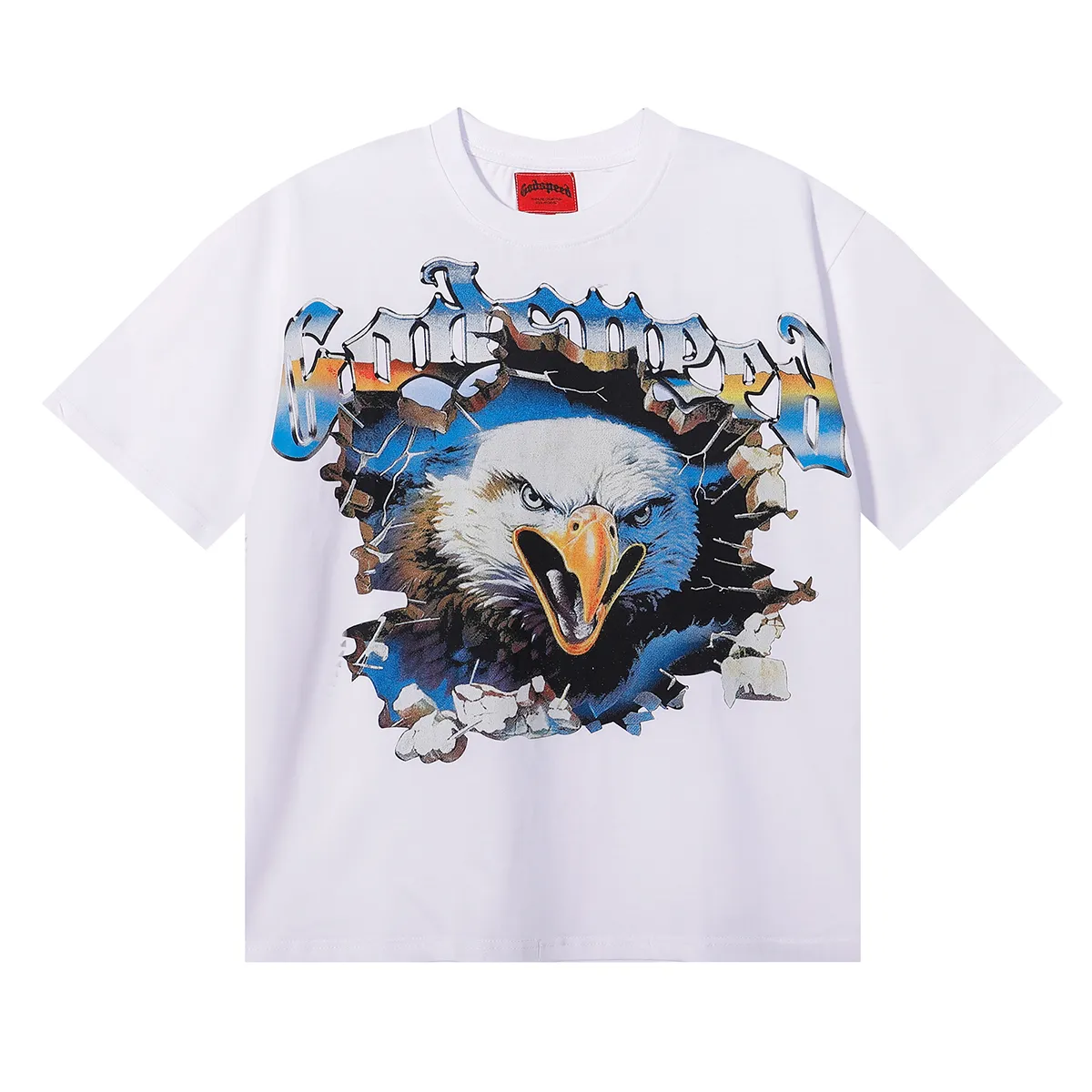 No. 7061, foreign trade beauty trend Godspeed eagle printed high quality double yarn pure cotton casual short-sleeved T-shirt batch 110 Color: black, white, blue; Size: S M L XL